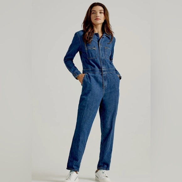 FREE PEOPLE LEE UNION-ALLS RETRO DENIM JEAN UTILITY JUMPSUIT ROMPER COVERALL MED - Picture 1 of 13